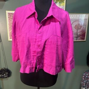 Julia Linen Blend Fuchsia Button-Down Shirt Boxy Crop Womens Size M